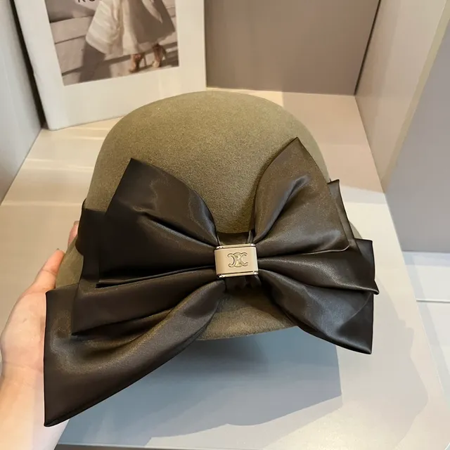 Celine Beige Brown Felt Satin Ribbon Bow Beret