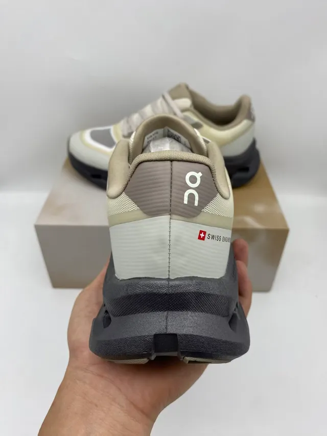 On Beige Gray Sculpted Open-Cell Midsole Mesh And Synthetic Overlay Upper Running Shoes