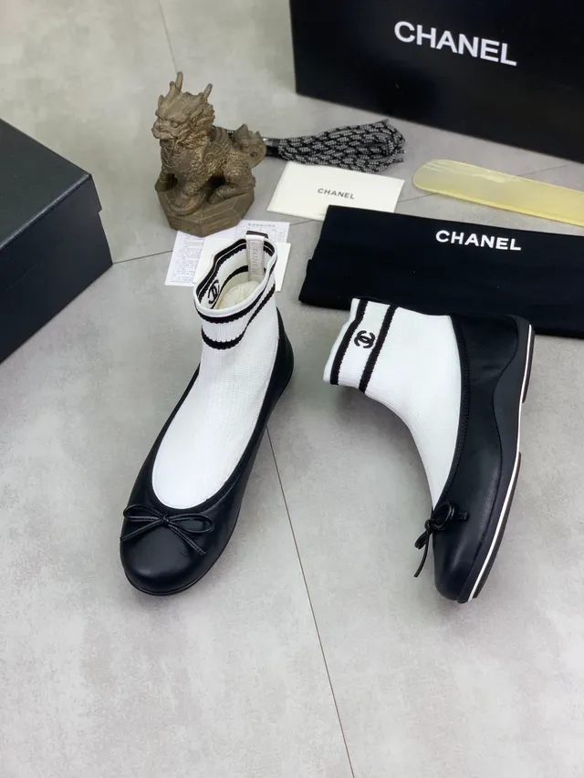 Chanel Black White Sock-Fit Knit Upper Leather Toe Cap Ballet Flat