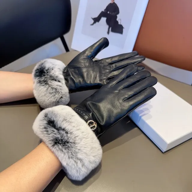 Black Gray Faux Fur Cuff Leather Gloves