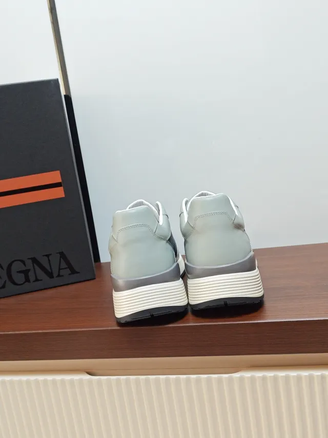 Zegna Gray Beige Mixed-Material Upper Sage Green And Charcoal Color Blocking Sneakers