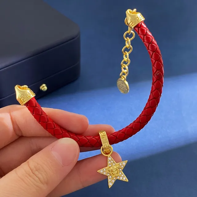 Versace Red Gold Braided Leather Metal Bracelet