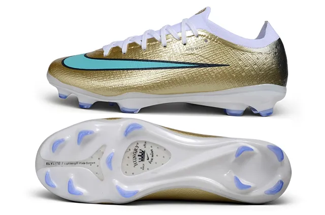 Nike Gold Blue Metallic Knit Upper Turquoise Swoosh Accent Firm-Ground Soccer Shoes