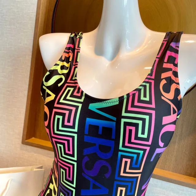Versace Black Multicolor Square-Neck Thin-Strap Swimwear