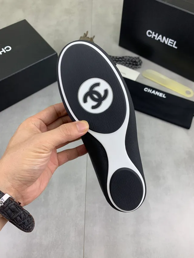 Chanel Black White Sock-Fit Knit Upper Leather Toe Cap Ballet Flat