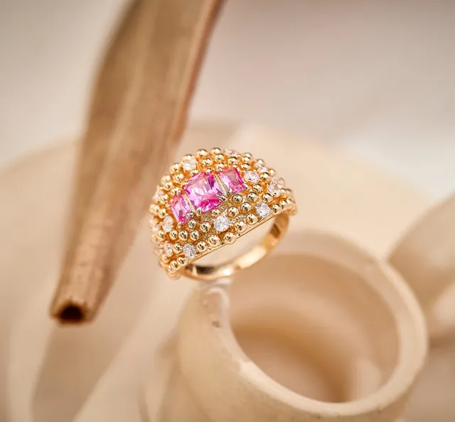 Gold Pink Bead-Set Pavé Diamond Accents Ring
