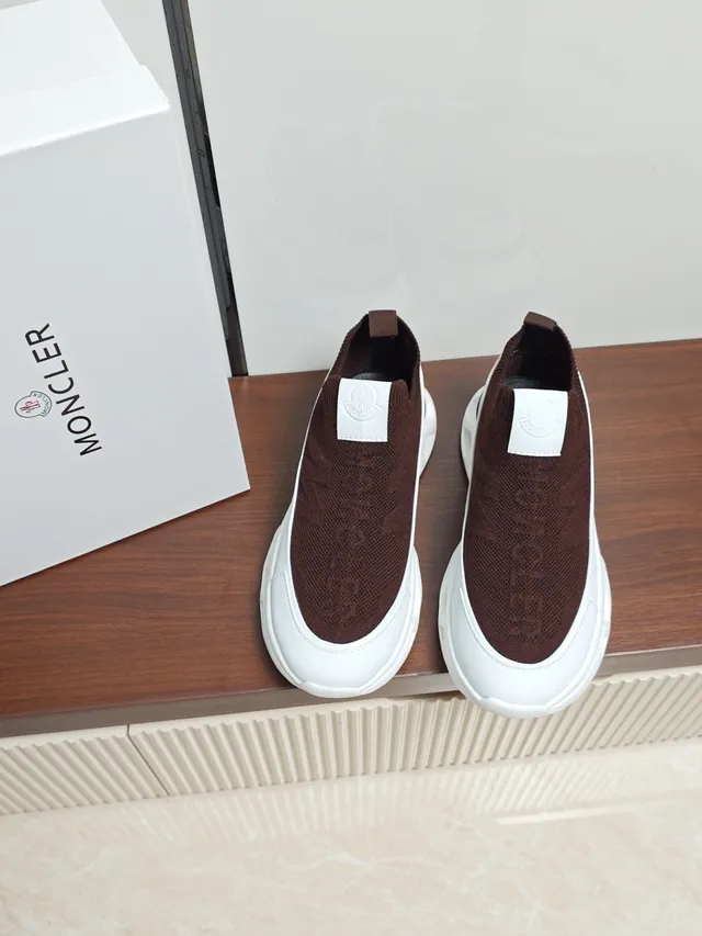 Moncler Brown White Slip-On Knit Upper Sculpted Midsole Lifestyle Sneakers