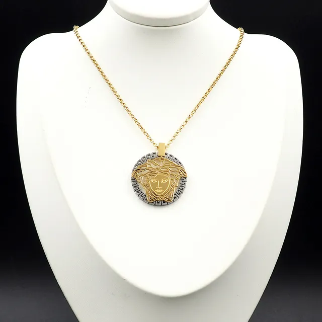 Versace Medusa Gold Silver Openwork Head Greek Key Border Necklace