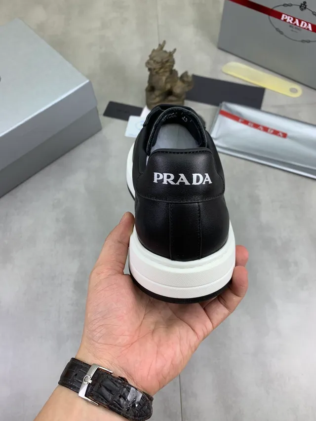 Prada Black White Leather Upper Triangular Logo Plaque Lifestyle Sneakers