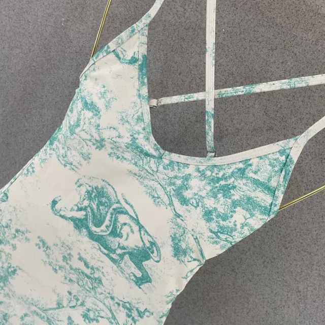 Dior Dioriviera White Blue Crisscross Back Straps Toile De Jouy Print Swimwear