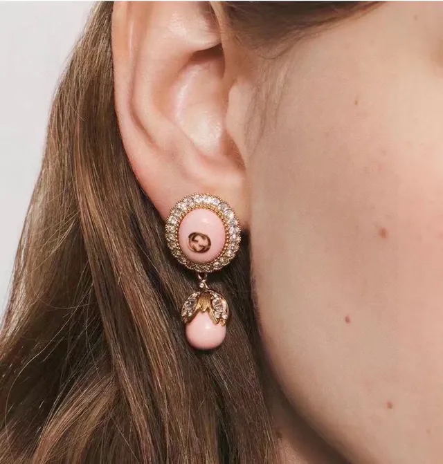 Gucci Pink Enamel Crystal-Bordered Double G Earrings