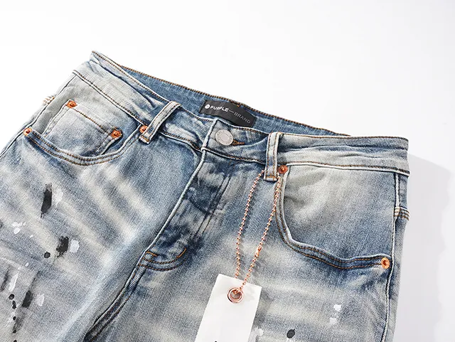 Purple Brand Distressed Paint-Splattered Light-Wash Slim-Fit Jeans