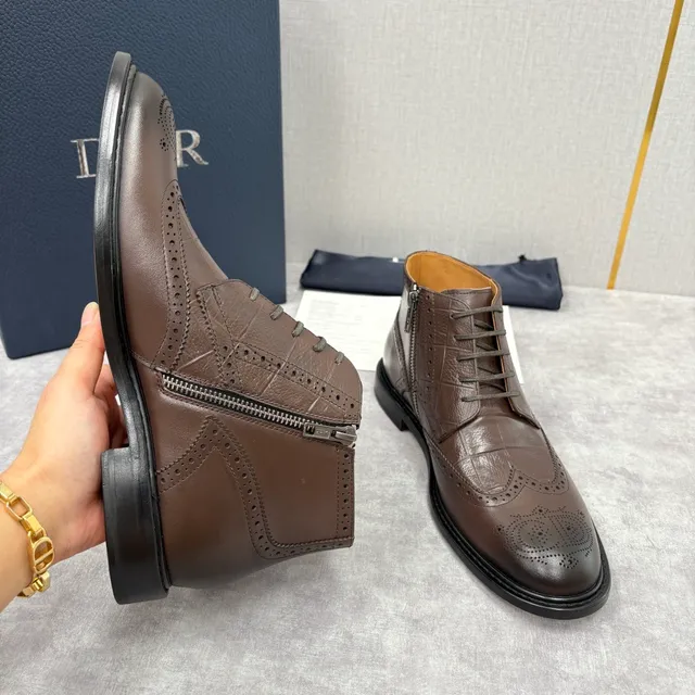 Dior Brown Black Brogue-Perforated Crocodile-Embossed Leather Ankle Boots
