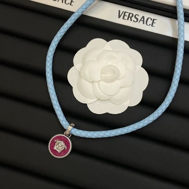 Versace Medusa Blue Pink Braided Leather Cord Enamel Pendant Necklace