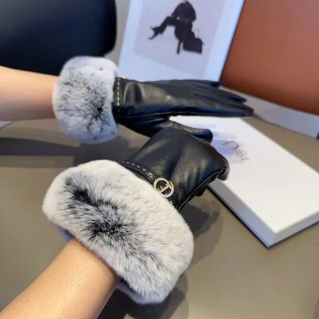 Black Gray Faux Fur Cuff Leather Gloves