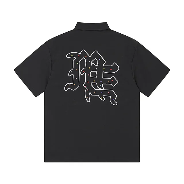 Black Zip-Front Embroidered Graphic Shirt
