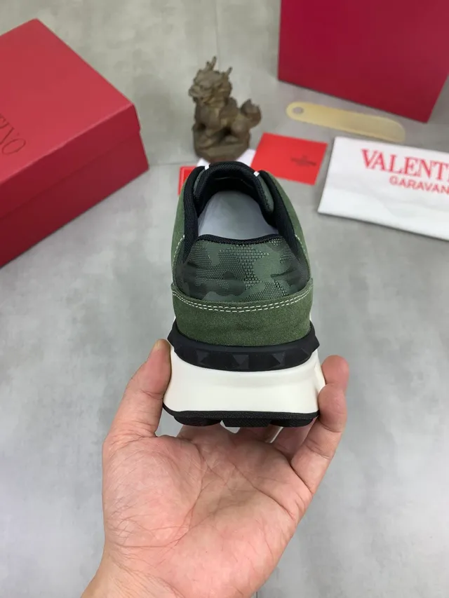 Valentino VLTN Runner Army Green White Olive Camo Mesh Suede Overlay Chunky Sneakers
