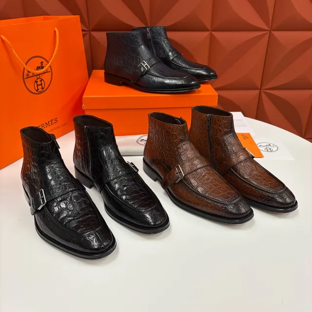 Hermès Brown Crocodile-Embossed Monk Strap Ankle Boots