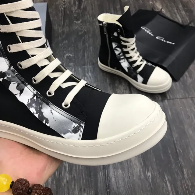 Rick Owens DRKSHDW Black White High-Top Platform Asymmetrical Paneling Ankle Boots
