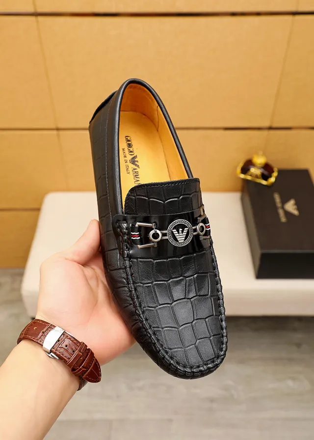 Giorgio Armani Black Beige Crocodile-Embossed Leather Metal Eagle-Buckle Hardware Loafer