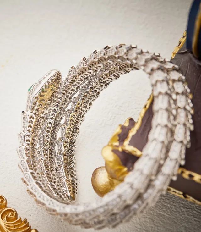 Bvlgari Serpenti Triple-Coil Pavé Diamond and Emerald Bracelet