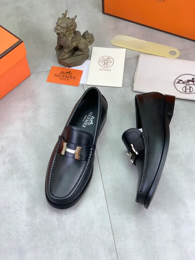 Hermès Oran Black Leather H-Buckle Loafers