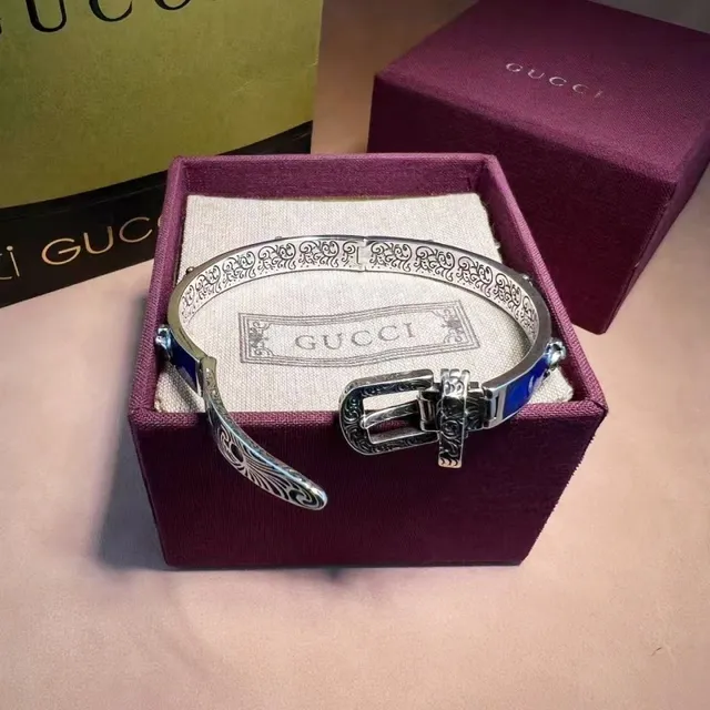 Gucci Tiger Motif Blue Enamel Filigree Bangle Bracelet