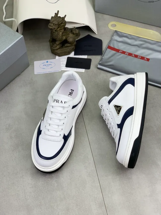 Prada White Navy Triangular Metal Logo Plaque Thick Layered Sole Lifestyle Sneakers