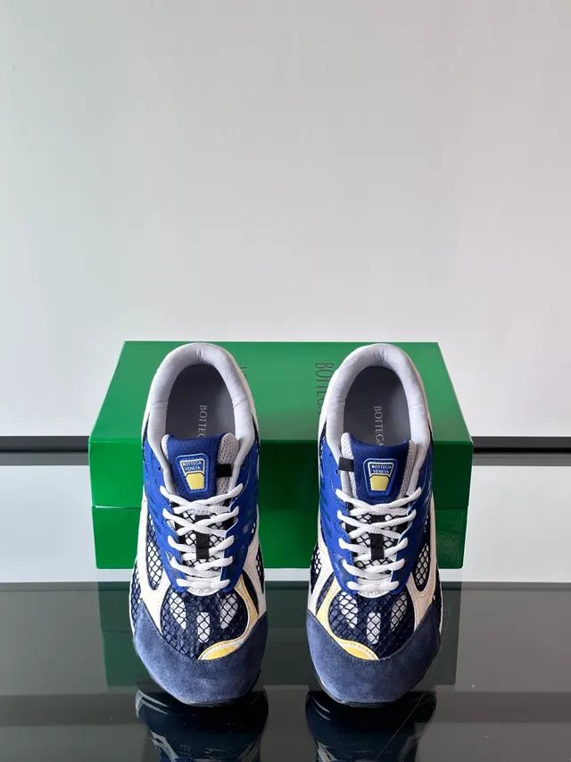 Bottega Veneta Andiamo Navy White Mesh-Suede Hybrid Upper Layered Synthetic Overlays Lifestyle Sneakers