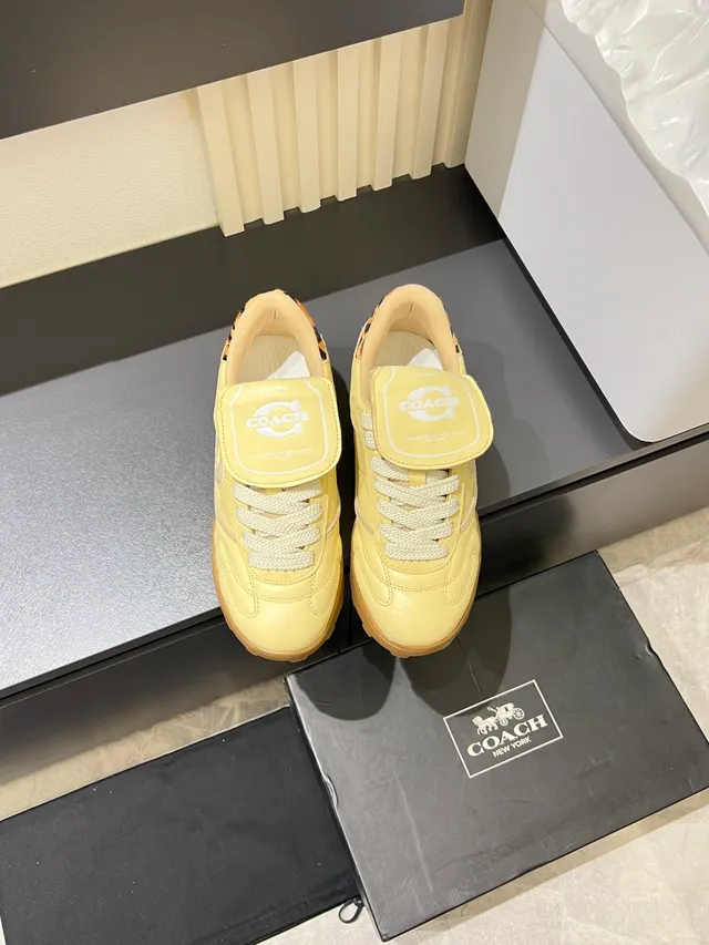Coach Yellow Brown Low-Top Leopard-Print Heel Tab Sneakers