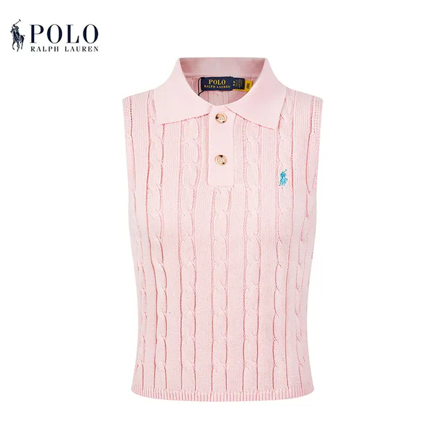 Polo Ralph Lauren Beige Navy Cable-Knit Sleeveless Polo Shirt