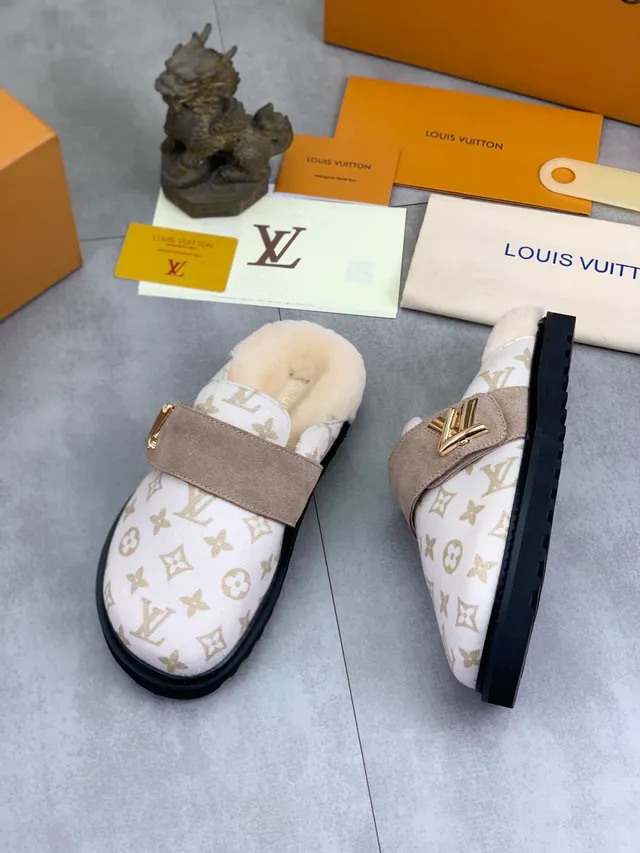 Louis Vuitton Monogram Shearling-Lined Suede Strap Mule Casual Shoes