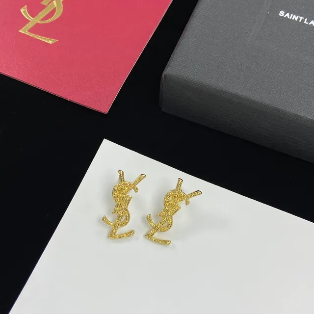 Saint Laurent Monogram Gold Silver Logo Stud Earrings
