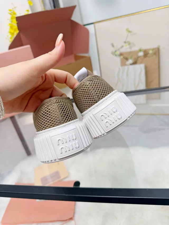 Miu Miu Platform Sneakers Beige White Mesh Upper Ridged Sole Lifestyle Sneakers