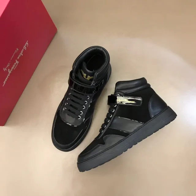 Salvatore Ferragamo High-Top Black Suede and Patent Leather Lifestyle Sneakers