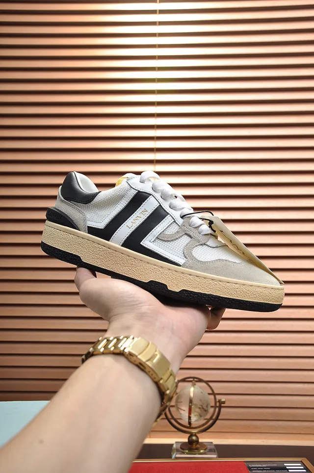 Lanvin White Black Mixed-Material Upper Side Stripe Branding Lifestyle Sneakers