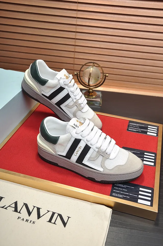 Lanvin White Black Mixed-Material Upper Side Stripe Branding Sneakers