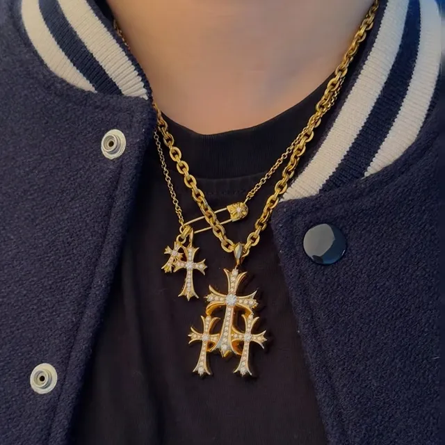 Chrome Hearts Triple Cross Pavé Gold Tone Necklace