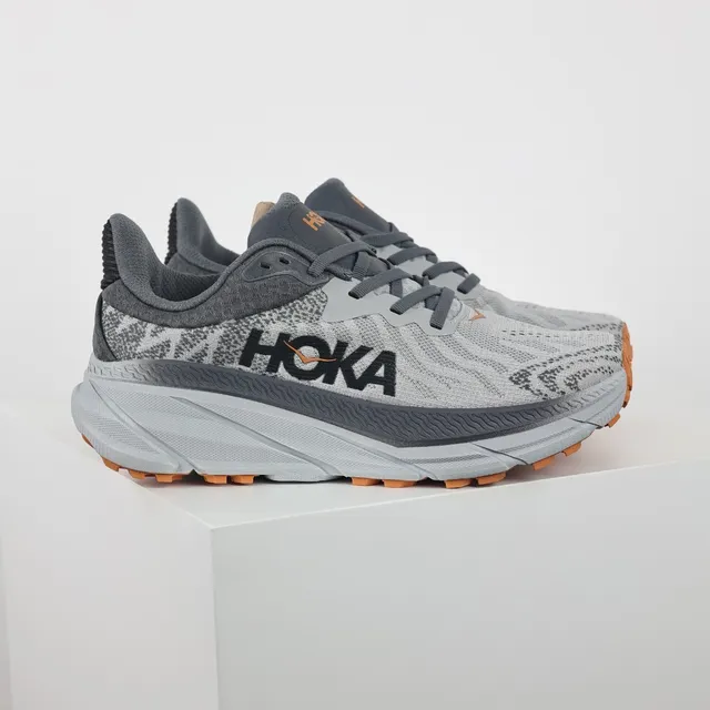 Hoka Gray Orange Engineered Knit Upper Maximalist Cushioned Midsole Running Shoes