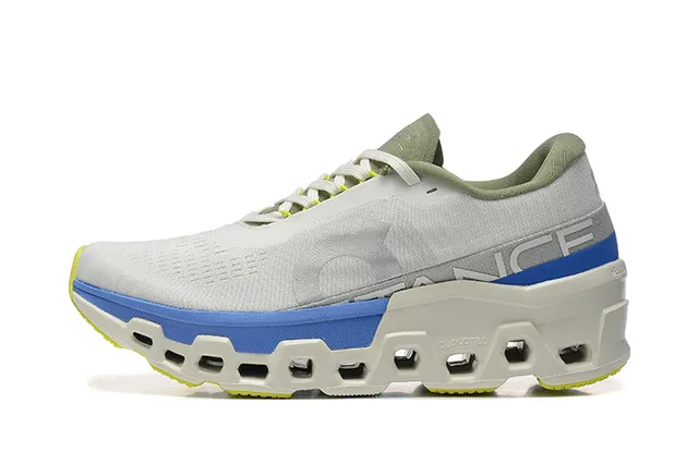 On Cloudmonster Light Gray Blue Lime Running Shoes