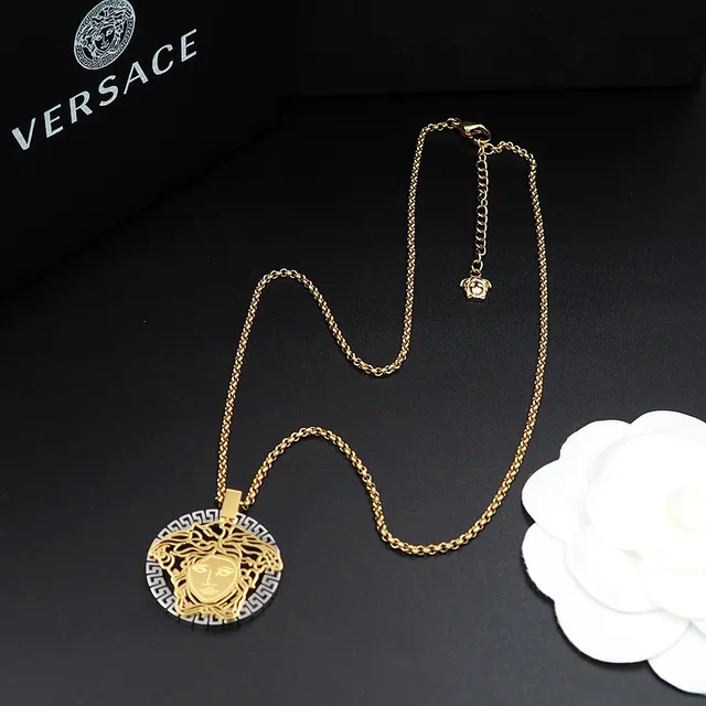 Versace Medusa Gold Silver Openwork Head Greek Key Border Necklace