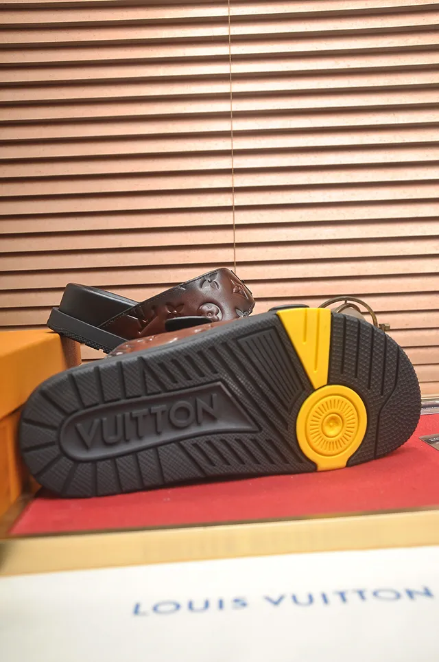 Louis Vuitton Monogram Embossed Brown and Black Double-Buckle Slide Casual Sandals