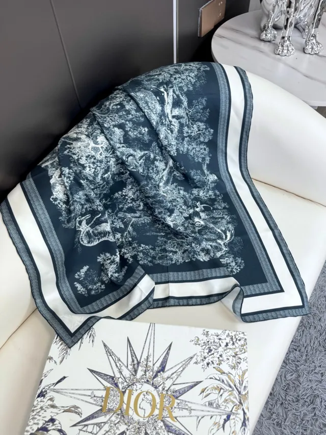Dior Navy White Abstract Botanical Print Blue Base Silk Scarf