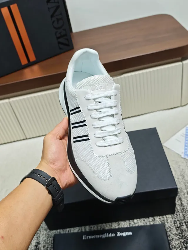 Zegna Beige Black Mesh And Nubuck Upper Three Side Stripes Sneakers