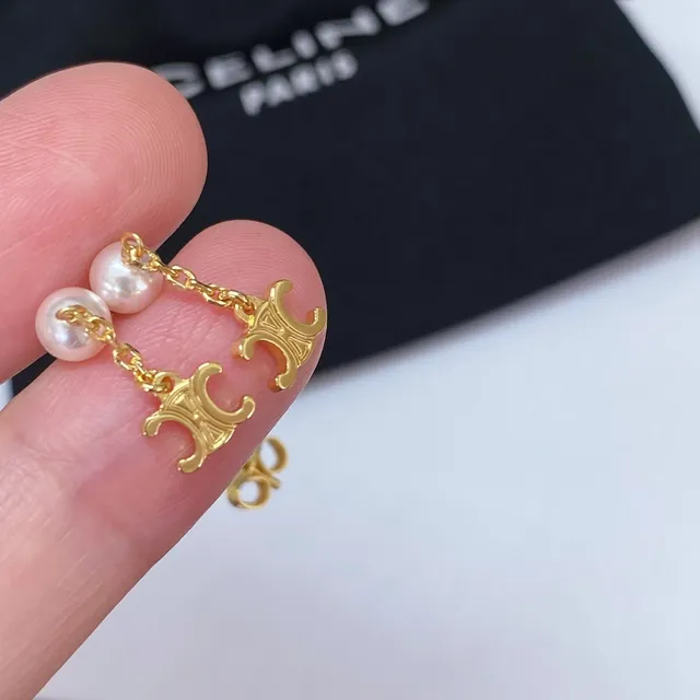 Celine Triomphe Heart and Pearl Chain Drop Earrings