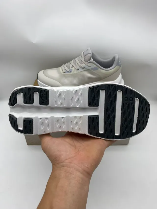 On Beige Gray Sculpted Open-Cell Midsole Mesh And Synthetic Overlay Upper Running Shoes