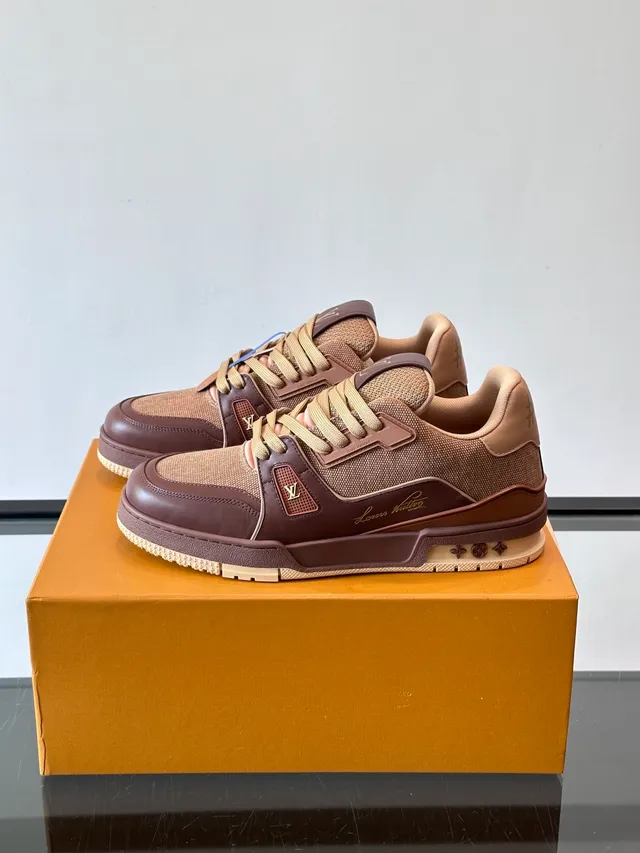 Louis Vuitton LV Trainer Brown Beige Layered Mesh And Leather Upper Monogrammed Strap Overlays Lifestyle Sneakers