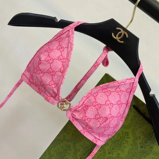 Gucci Pink Halter Triangle All-Over GG Monogram Swimwear