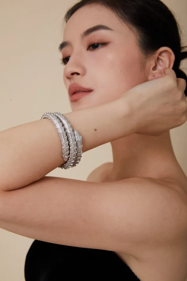 Bvlgari Serpenti Triple-Coil Pavé Diamond and Emerald Bracelet
