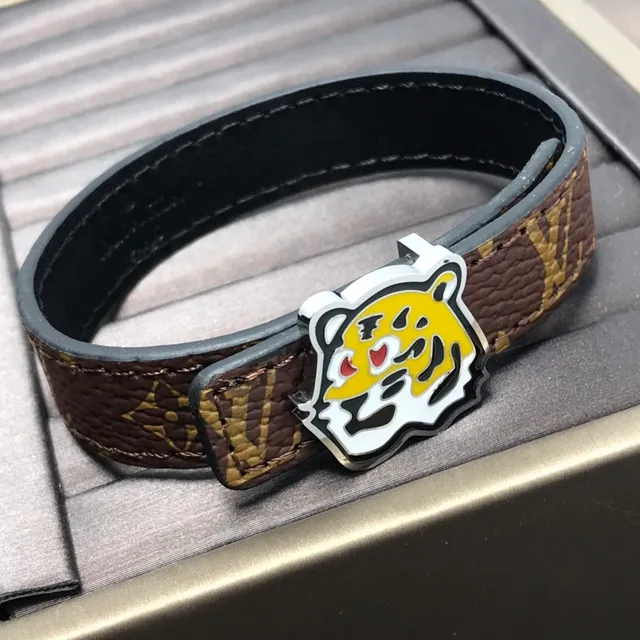 Louis Vuitton Brown Yellow Monogram Leather Enamel Tiger Buckle Belt